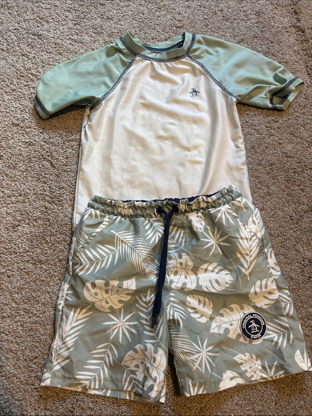 Original Penguin Kids Two-Piece Rash Guard Set in Sage Green & White